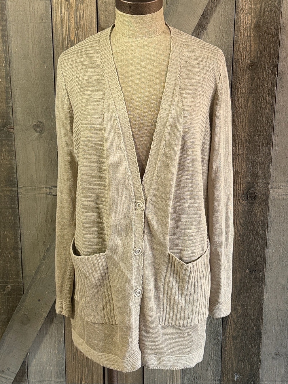 Lafayette 148 100% Hemp Longline Cardigan Oatmeal Beige Pocket Sweater Medium